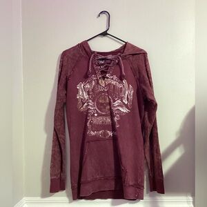 -burgundy AFFLICTION long sleeve shirt with floral designs on sleeve